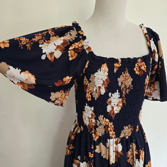 Baltic Born Floral Navy Maxi Dress Boho Smocked Square Neck Ruffle Women Large - Picture 5 of 13